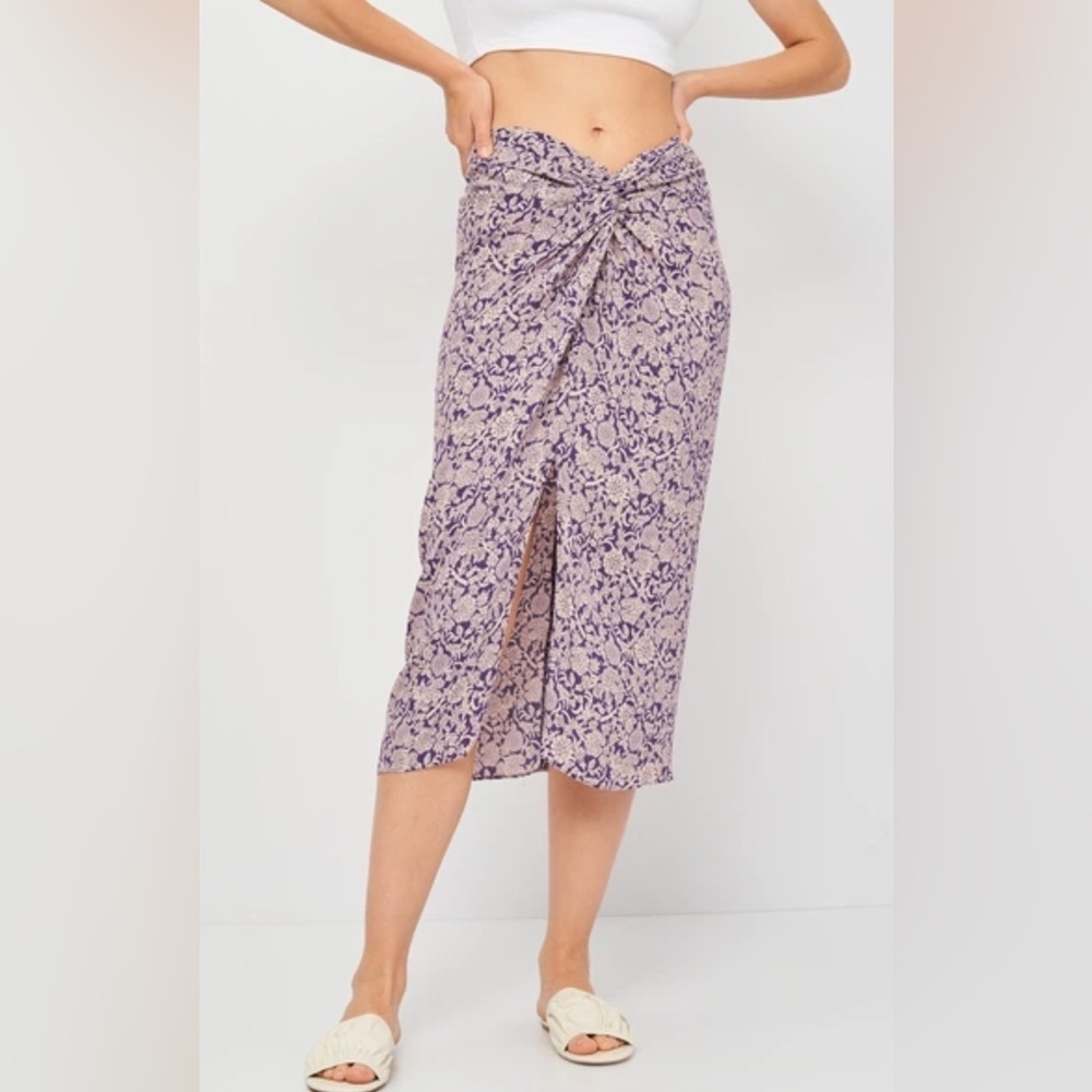 Zara Floral Print Twisted Knot Midi Skirt Purple Sz Small